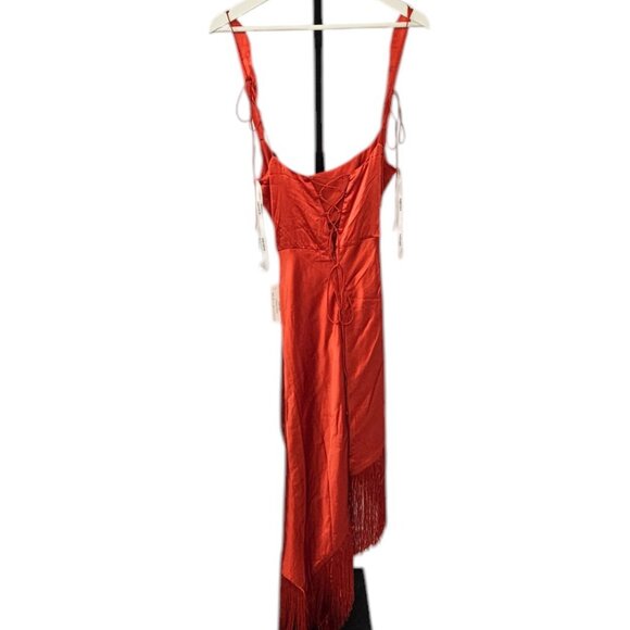 For Love & Lemons Anisa Asymmetrical Fringe Silk Midi Dress, Red, Size Small,NWT - Picture 4 of 12